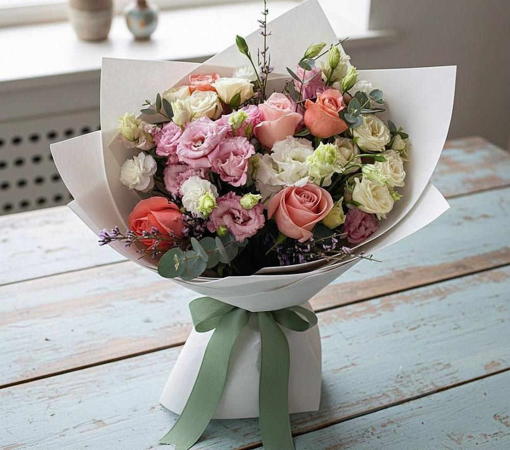 Букет цветов из: Розы, Лизиантусы и Гвоздики в Гойты