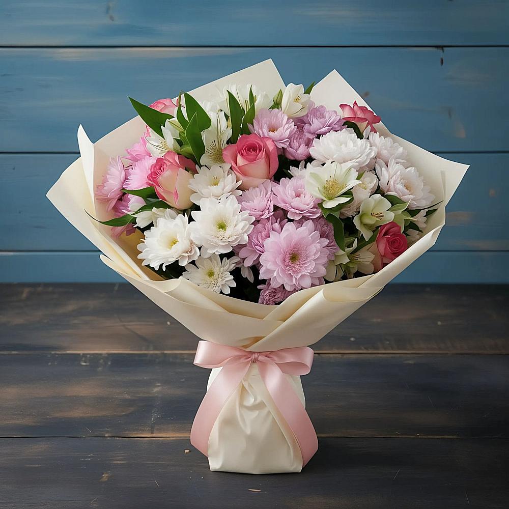 Букет цветов из: Хризантемы, Альстромерии и Розы в Гойты